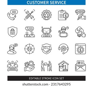 Editable line Customer Service outline icon set. Feedback, Help, Assistance, FAQ, Information, Support, Problem Solving, Technical Support. Editable stroke icons EPS