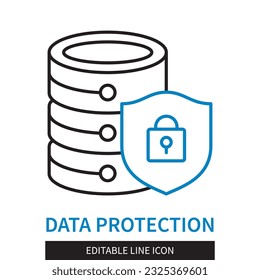 Editable line Data Protection outline icon. Shield with padlock on digital data symbol background. Editable stroke icon isolated on white background