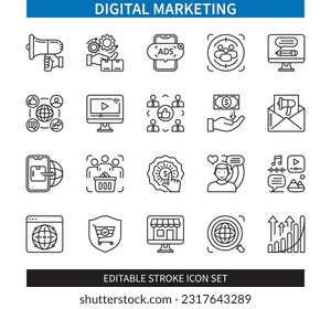 Editable line Digital Marketing outline icon set. Planning, Viral, SEO, Growth, Pay per Click, Influencer, Social Media, Strategy. Editable stroke icons EPS
