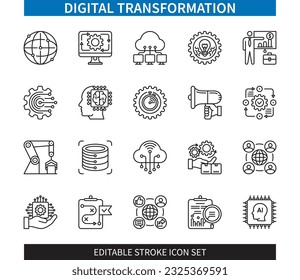 Editable line Digital Transformation outline icon set. Internet, Data, Communication, Technology, Innovation, Automation, Cloud Computing, IOT. Editable stroke icons EPS