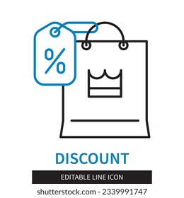 Icono de esquema de descuento de línea modificable. Bolsa de compras con etiqueta de precio de venta. Icono de trazo editable aislado en fondo blanco