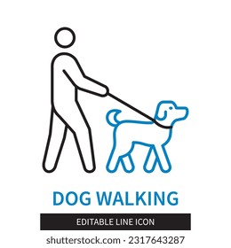 Editable line Dog Walking outline icon. Symbol of a man walking a dog. Editable stroke icon isolated on white background