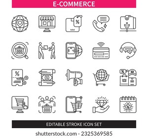 Conjunto de iconos de esquema de comercio electrónico de línea editable. Tienda en línea, Transacción, Entrega, Marketing, Consumidores, Compras, Soporte en línea, Mercado. EPS de iconos de trazo editable