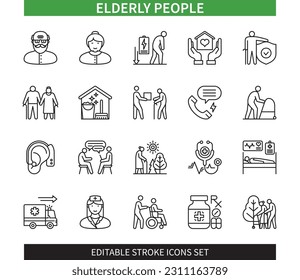 Editable line Elderly people outline icon set. Elderly people walking, hearing aid, assisted living, elderly protection, home nurse, home cleaning. Editable stroke icons EPS