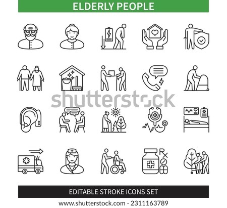 Editable line Elderly people outline icon set. Elderly people walking, hearing aid, assisted living, elderly protection, home nurse, home cleaning. Editable stroke icons EPS