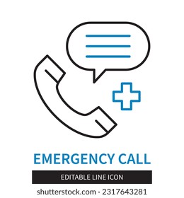 Bearbeitbare Zeile Emergency Call Umrisssymbol.Telefonempfänger, Nachrichtenblase und Kreuz. Bearbeitbares Strichsymbol einzeln auf weißem Hintergrund