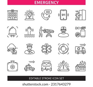 Editable line Emergency outline icon set. Injured Evacuation, Extinguisher, Hospital, 911, Ambulance, Police, Alarm, First Aid. Editable stroke icons EPS