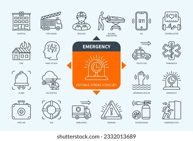 Editable line Emergency outline icon set. Injured Evacuation, Rescuer, Hospital, 911, Ambulance, Police, Emergency, First Aid. Editable stroke icons EPS