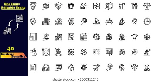 Editable line Employee Benefits outline icon set. Health insurance, bonus, social security, maternity rest, paid vacation, collection. Vector illustration.