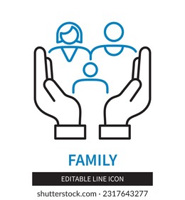 Editable line Family outline icon. Caring hands hold family, father, mother and child. Editable stroke icon isolated on white background