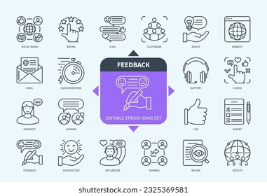 Editable line Feedback outline icon set. Influencer, Social Media, Rating, Support, Survey, Email, Opinion, Quick Response. Editable stroke icons EPS