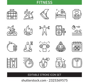 Editable line Fitness outline icon set. Gym, Yoga, Jumping Ropes, Jungle Gym, Kcal, Bicycle, Swimming, Weight. Editable stroke icons EPS