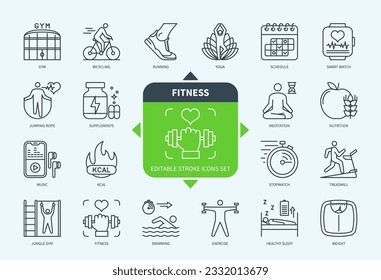 Editable line Fitness outline icon set. Gym, Yoga, Nutrition, Smart Watch, Kcal, Bicycle, Swimming, Weight. Editable stroke icons EPS