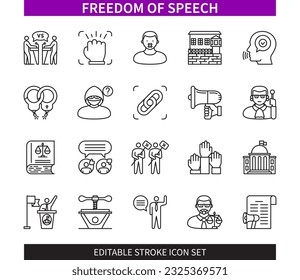 Editable line Freedom of Speech outline icon set. Protest, Anonymous, Freedom, Law, Constraint, Opinion, Democracy, Government. Editable stroke icons EPS