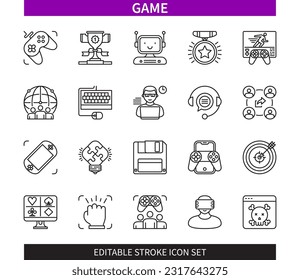 Editable line Game outline icon set. Console, Online, Poker, Achievement, Controller, Mobile game, Gadget, Sharing. Editable stroke icons EPS