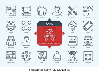Editable line Game outline icon set. Console, Online Casino, VR Headset, Potion, Controller, Mobile Games, Gadget, Sharing. Editable stroke icons EPS