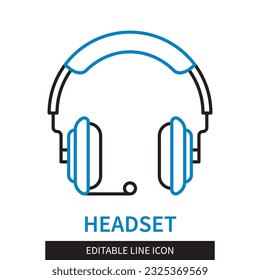 Editable line Headset outline icon. Computer Headphones symbols. Editable stroke icon isolated on white background