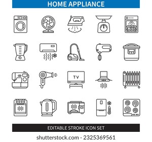 Editable line Home Appliance outline icon set. Washing Machine, Microwave, Vacuum Cleaner, Fridge, Electrical Heater, Electric Iron, Fan, Kitchen Blender. Editable stroke icons EPS