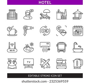 Editable line Hotel outline icon set. Beach, Reception, Pool, Laundry, Air Conditioner, Bed Choice, TV, Exchange. Editable stroke icons EPS