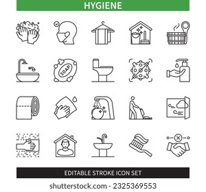 Editable line Hygiene outline icon set. Food Hygiene, Vacuum Cleaner, Wet Wipes, Bathroom, Soap, Toothpaste, Fresh Air, Disinfection. Editable stroke icons EPS