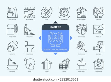 Editable line Hygiene outline icon set. Food Hygiene, Vacuum Cleaner, Wet Wipes, Bathroom, Soap, Toothpaste, Fresh Air, Quarantine. Editable stroke icons EPS