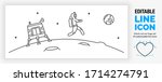 Editable line icon of a astronaut stick figure walking on the moon in low gravity with the spaceshuttle behind him with a satellite to contact earth as a linear black illustration and vector eps file