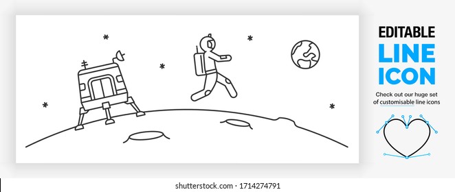 Editable line icon of a astronaut stick figure walking on the moon in low gravity with the spaceshuttle behind him with a satellite to contact earth as a linear black illustration and vector eps file