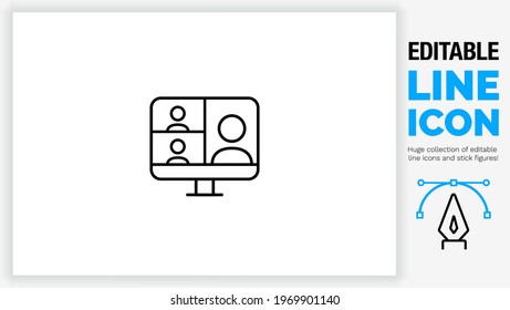 Editable Line Icon In A Black Outline Stroke Of Three People Talking In An Online Video Meeting Or Chat With Each Other In Splitscreen On A Computer On The Internet Using Online Software In Eps Vector