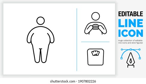 Editable line icon in a black stroke weight of a obese man standing with a fat belly as symbol for obesitas and a person eating junkfood hamburger as a unhealthy body diet and a scale in eps vector