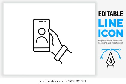 Editable Line Icon In A Black Stroke Weight Of A Stick Figure Person Talking On His Mobile Phone With A Friend In An Online Video Chat Holding The Smart Device In His Hand In A Eps Vector Outline