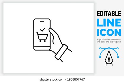 Editable line icon in a black stroke weight of a person holding his mobile phone with his hand buying online in a webshop or store with a discount product in a shopping basket in a eps vector outline