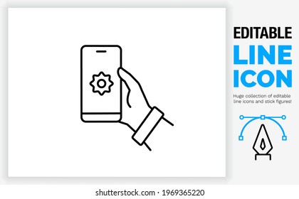 Editable line icon in black stroke of a person holding his smart device phone in his hand pressing the settings symbol button to optimise or change an app to the optimal user experience in eps vector