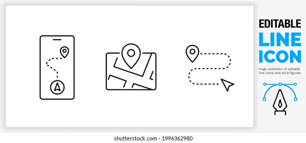 Editable line icon in a black stroke weight about navigating in traffic on a display of a smart device with a map and a location pin to find the way or direction handsfree in vehicle in eps vector