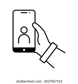 Icono de línea modificable en el peso negro de un golpe de una persona con figura de palo hablando en su teléfono móvil con un amigo en un chat de vídeo en línea sosteniendo el color del dispositivo inteligente modificable