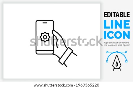 Editable line icon in black stroke of a person holding his smart device phone in his hand pressing the settings symbol button to optimise or change an app to the optimal user experience in eps vector