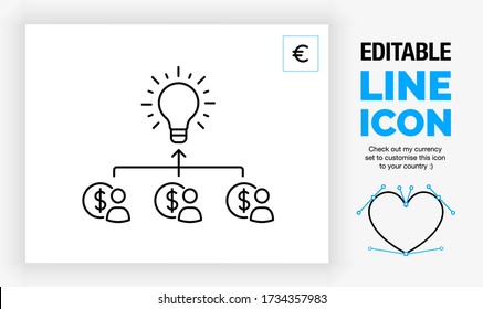 Editable line icon of crowd funding by three people with a dollar coin customisable with a euro sign with a diagram arrow to a lightbulb as a graphic for the idea of the investment as a eps vector