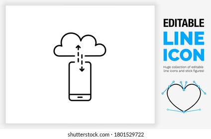 Bearbeitbares Zeilensymbol eines digitalen Telefons, das an einen Server in der Cloud angeschlossen ist, mit einem Pfeil nach oben und unten zum Herunterladen und Hochladen auf die Daten des Smartphones in einem schwarzen Schlaganfall als EPS-Vektordatei