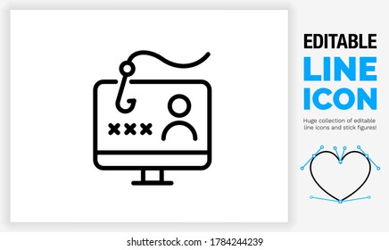 Editable line icon of a fishing hook on a computer desktop screen with personal data and a password in cyber crime for identity theft by phishing for private data as a eps vector graphic design file