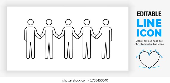 Editable line icon of five stick figures holding hands in a clean and modern outline design style as a eps vector graphic on a white background