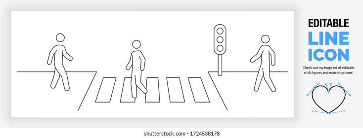 Editable line icon illustration of stick figure people walking in full body view and cross the road on a pedestrian crossing with a traffic light part of city life as a linear eps vector design