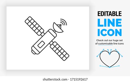 Editable line icon of a linear satellite in space in orbit of earth for telecommunication sending a digital radio signal with the dish and receiving energy with the solar panels as a eps vector symbol