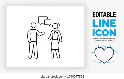 Editable Line Icon Of A Man And A Woman Talking In A Business Networking Event With A Speech Bubble Standing In Full Body View In A Black Outline Design Style As A Eps Vector Graphic 