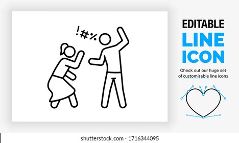 Editable Line Icon Of A Married Stick Figure Couple In Domestic Violence And Verbal Abuse By Cursing Because The Man Is Being Violent And The Woman Scared For Being Hurt In A Black Stroke Vector Eps