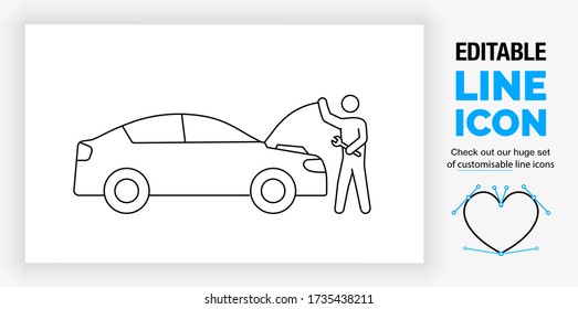 Icono de línea editable de una figura mecánica de palo que mira bajo el capó de un coche roto para reparar el motor y hacer una comprobación de los problemas mecánicos en un trazo negro como diseño gráfico de vector eps