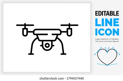 Editable line icon of a modern small drone flying with two propellors on the side, a movable hd camera mount underneath and legs to land on in a rounded black stroke design style as a eps vector file