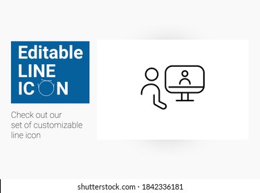Editable line icon of people working from home communicating via video teleconference on computer, black line icon in vector eps
