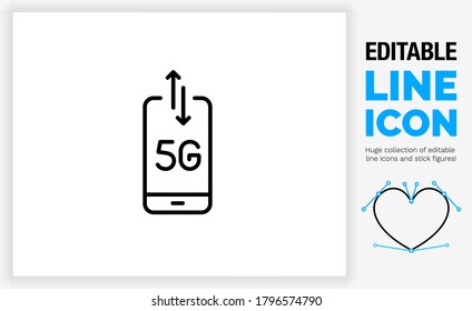 Editable line icon of a phone with a digital 5g network connection to the server or host with an arrow up and down for upload and download data to and from the smart technology device in eps vector