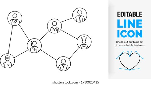 Editable line icon of professional working class stick figure people cooperating together in a network of society and a healthy economy in a circle connected with black lines as a eps vector graphic