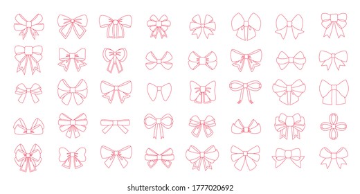 Editable line icon of red bow set. Vector red bows with yellow line ribbons satin bows for xmas gifts, present cards and luxury wrap pack isolated on white backgrounds