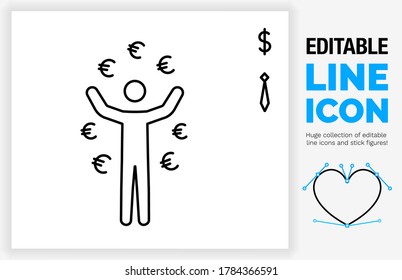 Editable Line Icon Of A Rich Stick Figure Person Standing In A Cloud Of Raining Money As A Euro Sign Or Dollar With His Hands Up As A Eps Vector Graphic Design